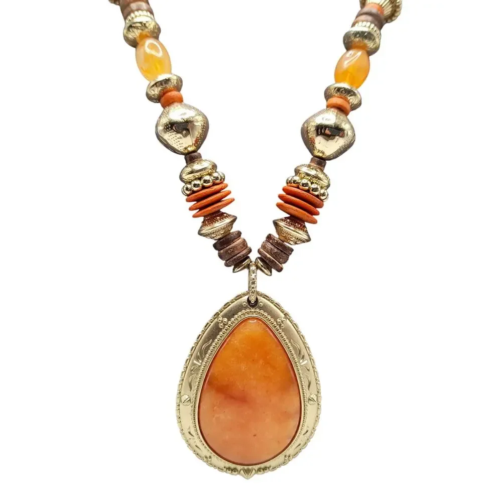 Chico's Beaded Gemstone Pendant Necklace, Leather Cord, 21 1/2